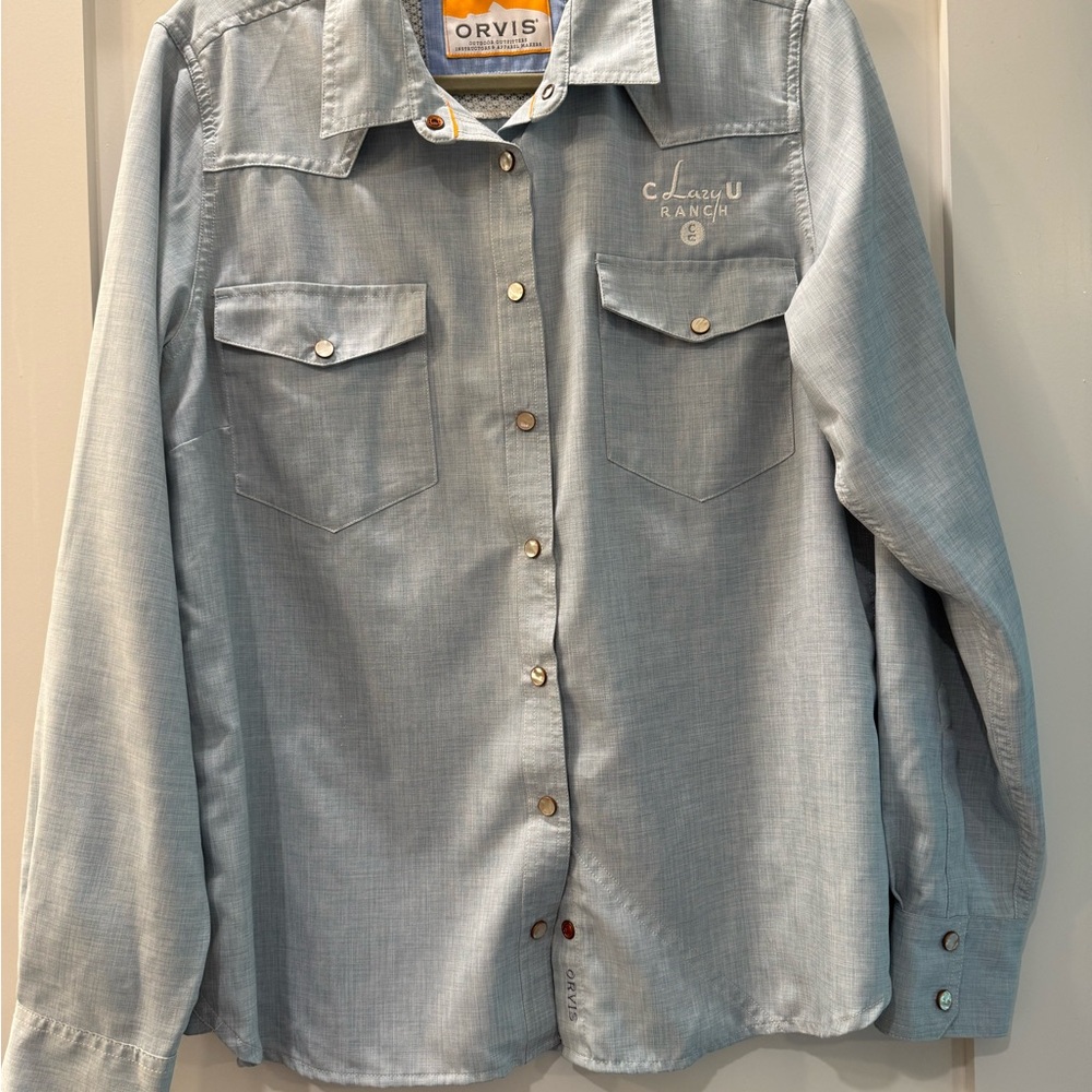 Orvis Light Blue Shirt with Orange Trim